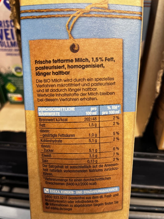 Edeka Bio fettarme Milch 1,5% Fett