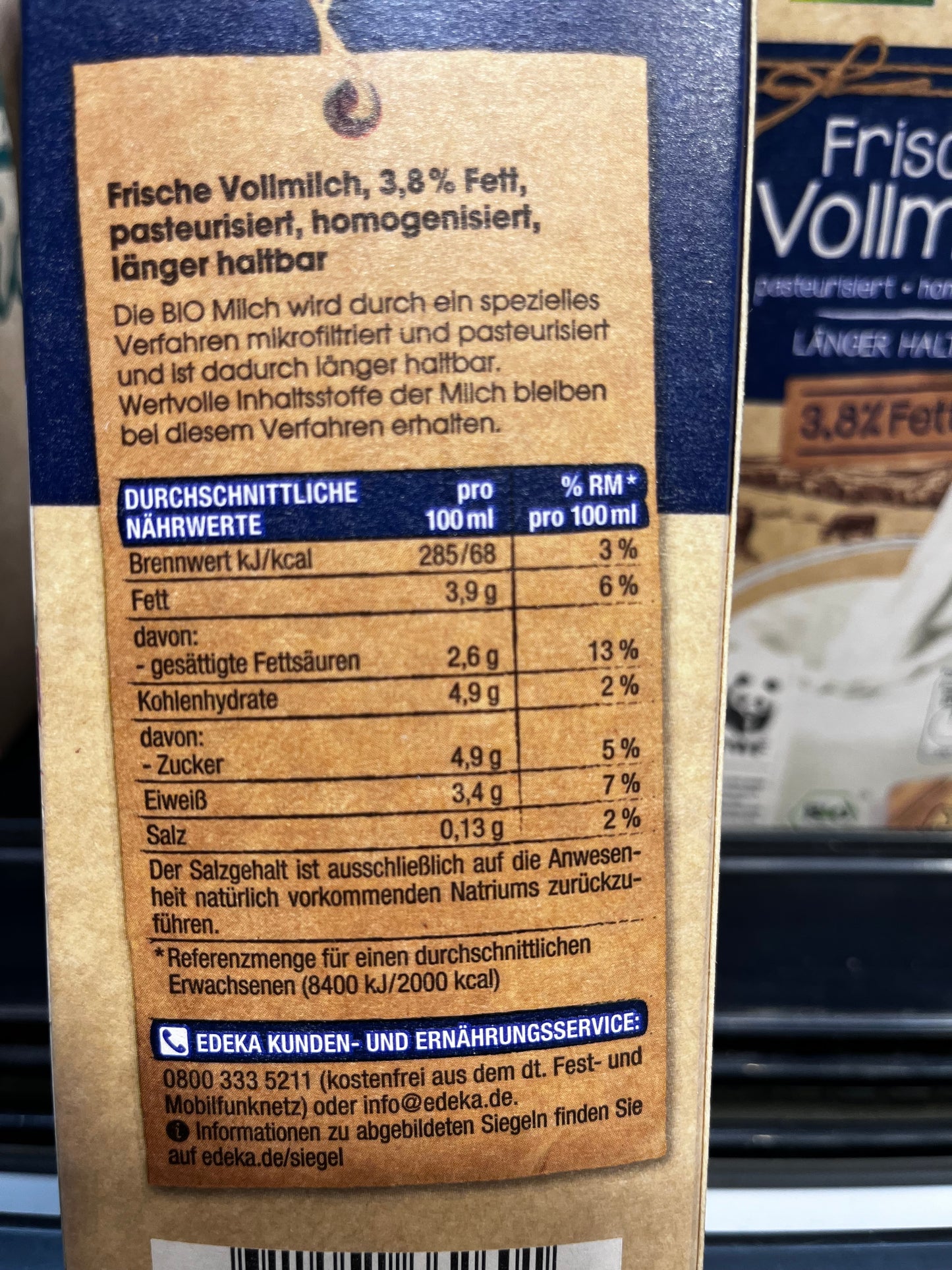 Edeka Bio Frische Vollmilch 3,8% Fett 1 L